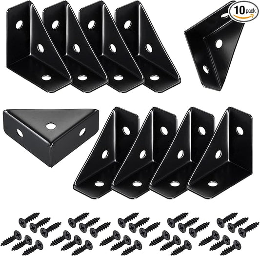 CMLY Corner Brackets, 10Pcs 38mm x 38mm, Black Steel, Triangle Shelf Brackets, Corner Desk Connectors for Wood, Metal, Table, Cabinet