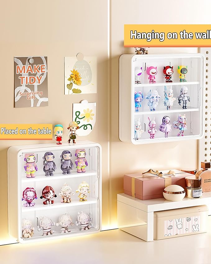 HGYZE Clear Display Case for Figures, 15.75" High, Wall Mounted Shelf with Magnetic Door, Hanging Display Case for Collectibles Action Doll Blindboxes Storage (White, 4-Layer 1 Pack)