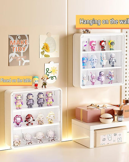 HGYZE Clear Display Case for Figures, 15.75" High, Wall Mounted Shelf with Magnetic Door, Hanging Display Case for Collectibles Action Doll Blindboxes Storage (White, 4-Layer 1 Pack)