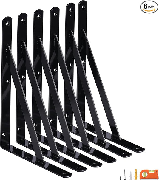 6-Pack 8 Inch Heavy Duty Shelf Brackets, Large Wall Bracket for Floating Shelves, 90 Degree Triangle Large L Bracket, Black Powder-Coated Steel