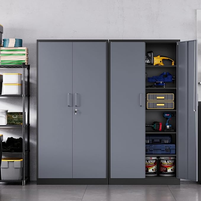 MIIIKO Metal Storage Cabinet with Locking Doors, Black Garage Storage Cabinets with 5 Adjustable Shelves