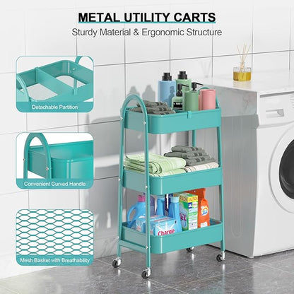 EAGMAK 3 Tier Utility Rolling Cart, Metal Storage Cart with Handle and Lockable Wheels, Multifunctional Storage Organizer Trolley with Mesh Baskets for Kitchen, Living Room, Office, Garage (Turquoise)