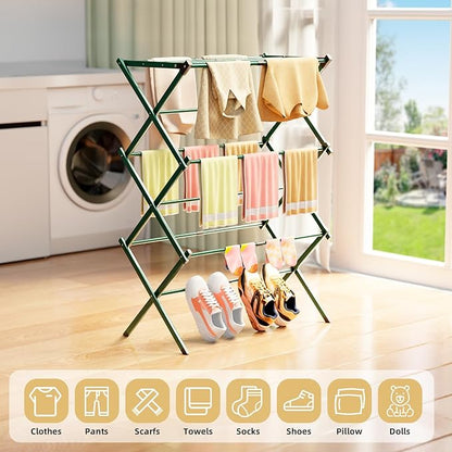 BAKON Clothes-Drying-Rack-Foldable for Small Space, Laundry-Drying Rack Collapsible for Hanging Clothes, Metal Clothing Dry Rack Suit for Indoor & Outdoor, Dorm Room, Apartments, RV, Navy Blue