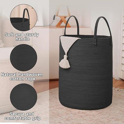 Large Woven Laundry Basket Hamper,100L Cotton Rope Storage Bin for Blankets,Toys and Clothes,Decorative Tall Nursery Hamper for Living Room,Baby Nursery,Bathroom and Bedroom,Black