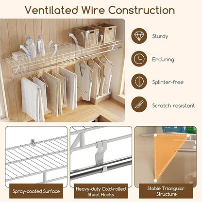 COSTWAY Closet Shelves Wall Mounted, Closet Shelf with Hanging Rod, Ventilated Metal Wire Shelving Kit, Wire Wall Shelf for Laundry Room, Bedroom, Home, Mounting Accessories Included (6 ft x 12 in)