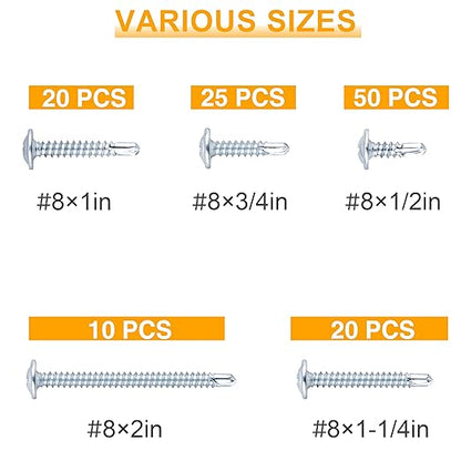KURUI Self Tapping Screws Assortment Kit, #8 sheet metal screws for Metal Wood & plastic, 125Pcs Galvanized Phillips Truss Head Self Drilling Screws in 5 Sizes (1/2, 3/4, 1-1/4, 1in, 2in)