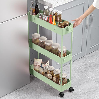 SPACELEAD Slim Storage Cart 3 Tier,Bathroom Organizer Rolling Utility,Mobile Shelving Unit Slide Out for Office, Kitchen, Laundry Room & Narrow Places，Green