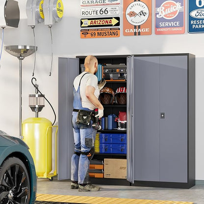 Metal Garage Storage Cabinets with Lock, 72" Tall Tool Cabinet with 2 Door and 4 Adjustable Shelves, Locking Garage Cabinets and Lockable Steel Locker for Home Office Warehouse-(Black Gray-72”H)