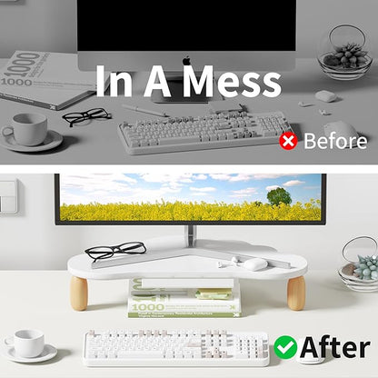 Monitor Stand Riser,Cloud-Shaped Sturdy Wood 16.5In Computer Monitor Riser Wirh Drawer, Multi-Purpose Desktop Organizer Riser for Computer,Laptop,Printer,TV,White