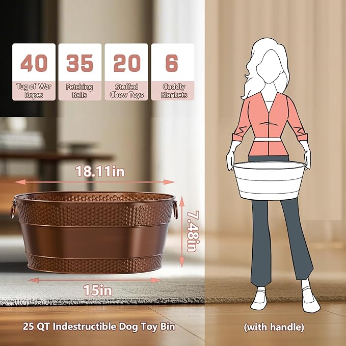 Indestructible Metal Dog Toy Bin: Pet Toy Box Storage Basket for Living Room Area, Beautiful Design and Perfect Size 25-Quart (1 Pack, Oval)