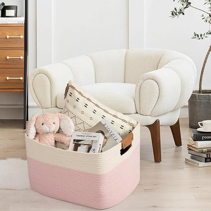 danpinera Woven Rectangle Storage Basket, Large Blanket Basket for Living Room,Kids Room, Storage Bin Box with Handle for Pillows, 22’’*17’’*11.8’’, 72L, White/Pink