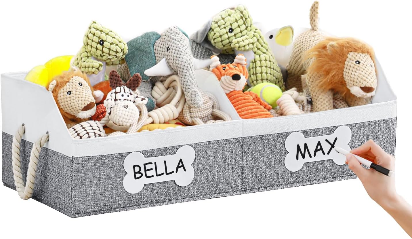 Beveetio Large Dog Toy Basket, Collapsible Fabric Dog Toy Bin with Removable Divider & DIY Tags, Trapezoid Storage Box with Rope Handles for Pet Supplies, Perfect for Living Room Storage-Grey&White