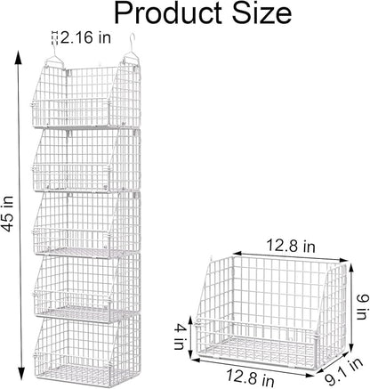 Hanging Closet Organizer and Storage, Clothes Hanging Shelves Wire Baskets for Clothing Sweaters Purse Handbags Shoes White 5 Tier