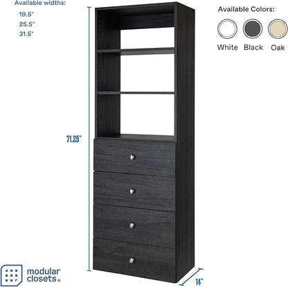 Closet Shelves Tower - Modular System With Drawers (4) - Corner Organizer and Storage Shelves (Gray, 19.5 Inches Wide)