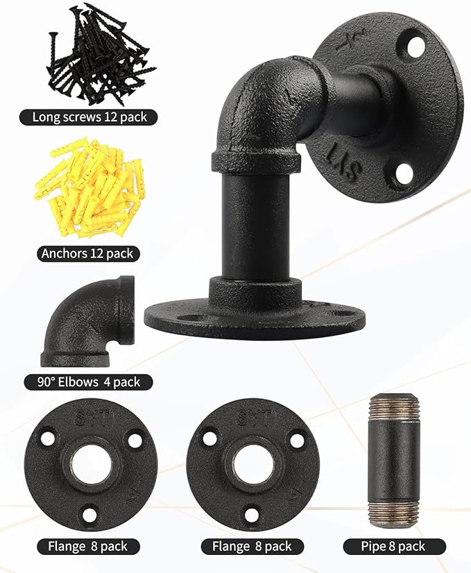 MUZIK 4 Pack Pipe Floating Shelf Bracket Heavy Duty, Black L Pipes Shelf Brackets Iron Shelving Brackets for Shelves - Vintage DIY Pipe Shelf (4*4 Inch)