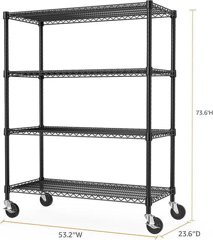 53" W Storage Shelves 1760LBS 4 Tier Metal Shelving Unit with Wheels Heavy Duty Garage Shelving Adjustable Wire Shelves for Pantry,Kitchen,Garage,Basement,Black 23.6" D x 53.2" W x 73.6" H