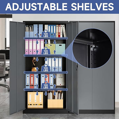Metal Storage Cabinet with 2 Doors and 4 Adjustable Shelves, 71" Steel Garage Storage Cabinet, Locking Tool Cabinets for Office, Home,School,Kitchen,Garage Tool Utility Cabinet Black Grey