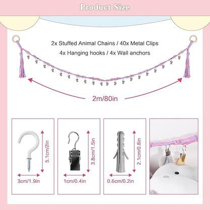 80" Cotton Hanging Storage Chain for Stuffed Animals Storage with 40 Metal Clips, Stuffed Animal Organizer Chain for Wall Corner Nursery Play Room, Rainbow