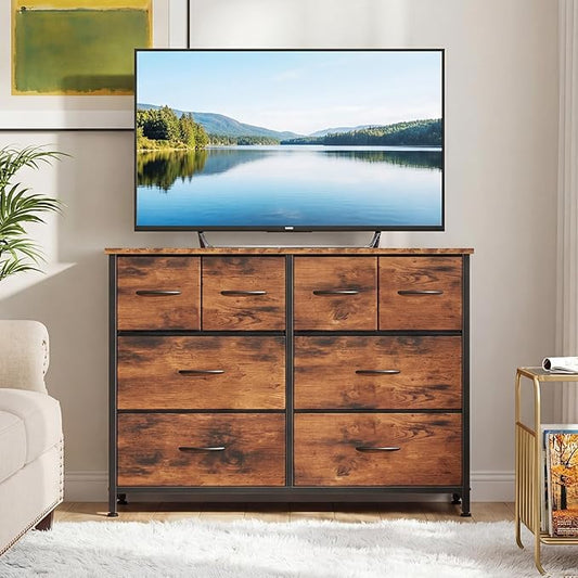 DUMOS TV Stand, Dresser with 8 Fabric Drawers, Spacious Storage Tower for Closet, TV Stand with Wood Top and Mental Frame, Storage Unit for Living Rooms, Bedroom and Entryway, Brown