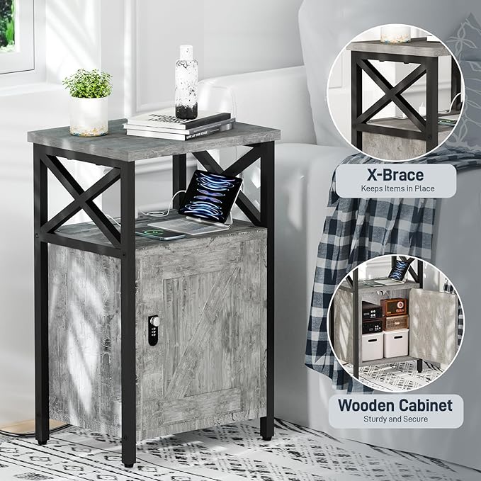 Wooden Nightstand with Lock, Bed Side Table with Drawers, Bedside Table with Charging Station, 3 USB & 2 Outlets, Night Stand with Cabinet Storage, End Tables for Bedroom, Ash Grey