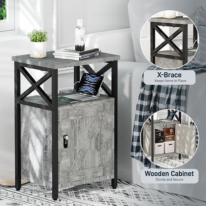 Wooden Nightstand with Lock, Bed Side Table with Drawers, Bedside Table with Charging Station, 3 USB & 2 Outlets, Night Stand with Cabinet Storage, End Tables for Bedroom, Ash Grey