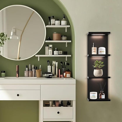 4-Tier Wall Shelf Unit with LED Lights, Floating Lack Shelf for Home Decor, Wall Mounted Vertical Display Shelf for Bedroom Living Room Vanity, Black