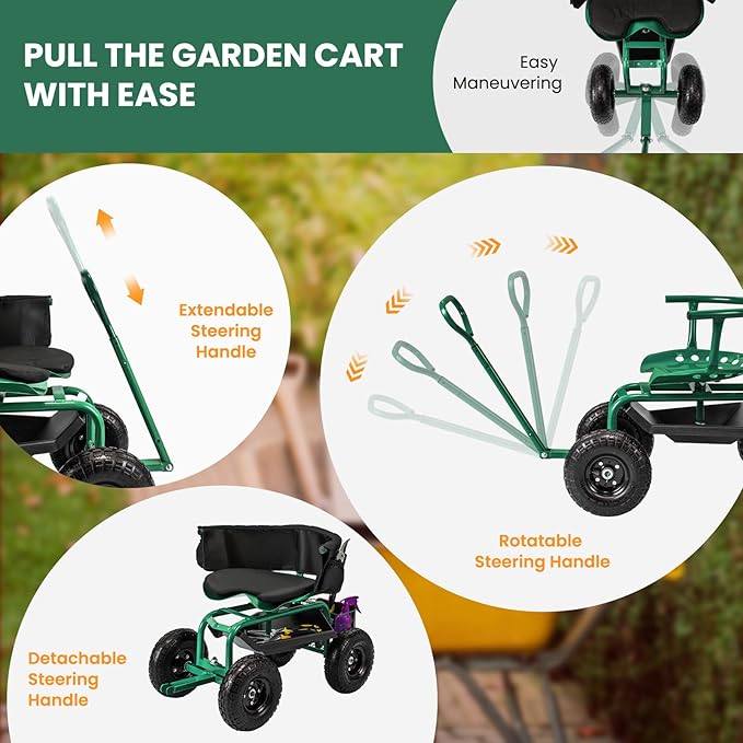 Giantex Rolling Garden Cart, 360 Swivel Workseat with 4 Wheels, Removal Cushion & Tool Tray, Storage Basket, Gardening Wagon Scooter with Adjustable Height, Handle (Green)