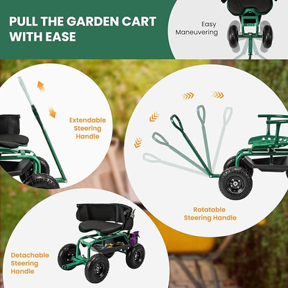 Giantex Rolling Garden Cart, 360 Swivel Workseat with 4 Wheels, Removal Cushion & Tool Tray, Storage Basket, Gardening Wagon Scooter with Adjustable Height, Handle (Green)