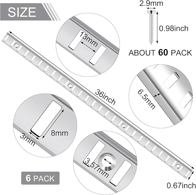 6 Pcs 36 Inch Shelf Pilaster and 36 Pcs Cabinet Shelf Clips Adjustable Shelf Rail Metal Mortise Mount Pilaster Strip Standard for Wall Bookcases Shelving System Closet Organization Storage (Silver)