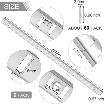 6 Pcs 36 Inch Shelf Pilaster and 36 Pcs Cabinet Shelf Clips Adjustable Shelf Rail Metal Mortise Mount Pilaster Strip Standard for Wall Bookcases Shelving System Closet Organization Storage (Silver)