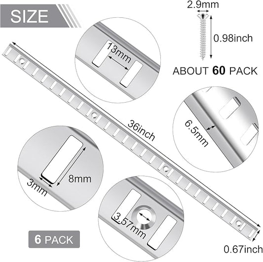6 Pcs 36 Inch Shelf Pilaster and 36 Pcs Cabinet Shelf Clips Adjustable Shelf Rail Metal Mortise Mount Pilaster Strip Standard for Wall Bookcases Shelving System Closet Organization Storage (Silver)