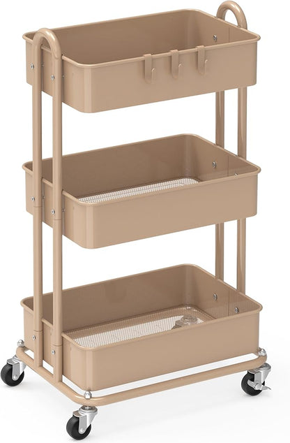 Simple Houseware 3-Tier Heavy Duty Metal Utility Rolling Cart, Khaki