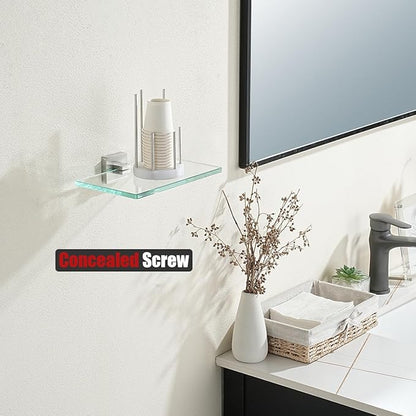 JQK Bathroom Glass Shelf, Tempered Glass Shower Storage 8 by 5 inches, 304 Stainless Steel Brushed Finish Wall Mount, TGS201L8-BN
