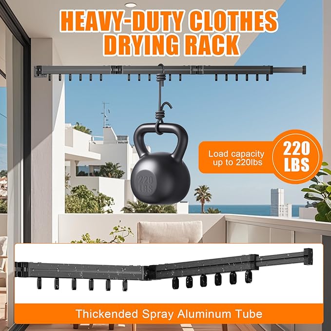 Black Laundry Space Saver Wall Mounted (Tri-Fold) | Only Punch Installation Tools Provided | Retractable, Collapsible | Clothes Drying Rack