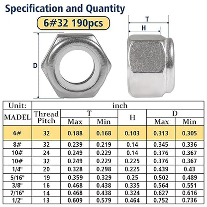 190 Pack 6#32 Nylon Insert Lock Nuts,304 (A2-70) Stainless Steel Locknuts,Standard Inch Thread Nylock Nuts