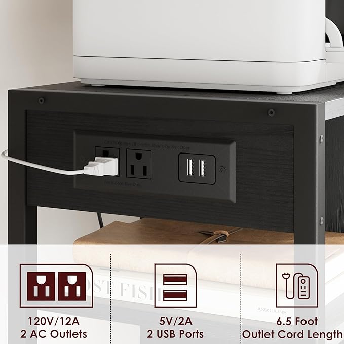 IDEALHOUSE Under Desk Printer Stand with Power Outlets and USB Charging Ports, Desktop Printer Table with Storage Shelf, 4 Tier Mobile Printer Stand with Wheels for Home Office, Rustic Black