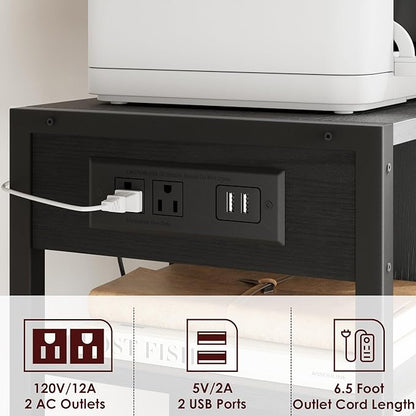 IDEALHOUSE Under Desk Printer Stand with Power Outlets and USB Charging Ports, Desktop Printer Table with Storage Shelf, 4 Tier Mobile Printer Stand with Wheels for Home Office, Rustic Black