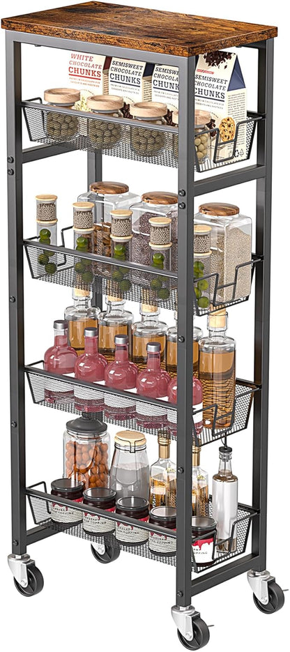 Slim Rolling Cart, 5-Tier Storage Cart, 9.1inch Narrow Kitchen Rolling Cart on Wheels for Small Space, Utility Cart Shelving Unit with Wooden Top and Metal Handle for Kitchen, Bathroom, Laundry Room