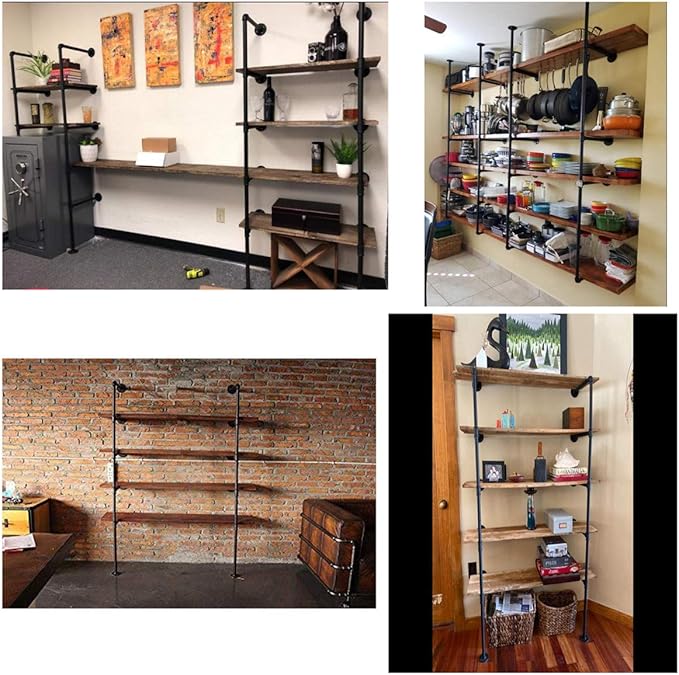 5 tier Industrial Wall Mount Iron Pipe Shelf Shelving Bracket Vintage Retro Ceiling Hung shelf DIY Open Bookshelf Storage for office Room Kitchen (2PcsX5Tier,70" Tall,12"deep,Hardware Only)