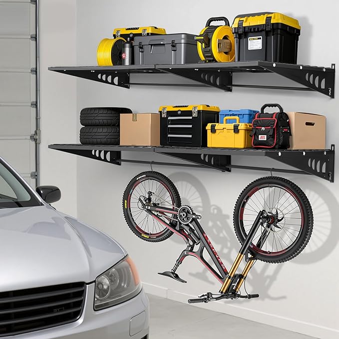 Garage Shelving 2x3ft 4-Pack, Garage Storage Rack 24"x36" Metal Shelves Black Wall Mounted with rods & 6 Hooks, Heavy Duty Wall Shelving Floating Shelves, 1200lbs Total load Capacity