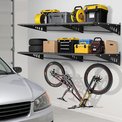 Garage Shelving 2x3ft 4-Pack, Garage Storage Rack 24"x36" Metal Shelves Black Wall Mounted with rods & 6 Hooks, Heavy Duty Wall Shelving Floating Shelves, 1200lbs Total load Capacity