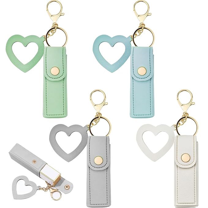 4 PACK PU Leather Potable Chapstick Holder Key Chain Bulk with Mirror, Lipstick Keychain, Lip Balm Organizer Holder Lipstick Travel Makeup Storage Case for Women Girls (Style 4)