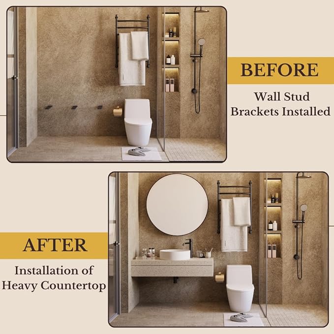 14 inch Floating Countertop Support Brackets by Balin Designs, Free hanging Floating Shelf Brackets Heavy Duty, Invisible Wall Shower Bench T Support for Vanities, Granite Countertops, (2 pack)