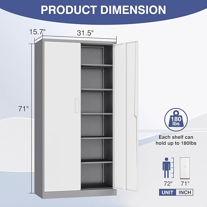 Metal File Cabinet,Locking Storage Cabinet with 2 Doors and 5 Adjustbale Shelves,Steel Tool Cabinet for Garage,Basement,Home Office