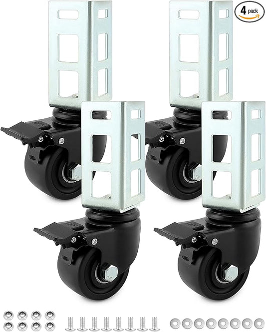 QWORK 3" PU Caster Wheels for 2"x2" Boltless Shelving Racks – 4 Pack 1500 lbs Load, Heavy Duty Mobility Set for Garage, Storage, Workshop