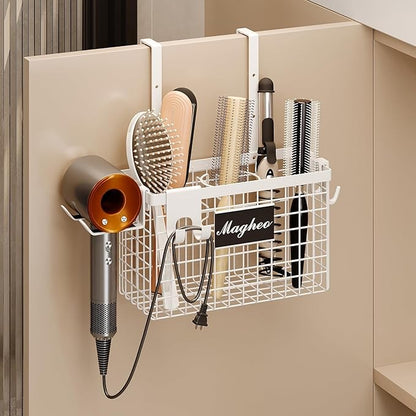 Hair Dryer Holder Cabinet Door 3-in-1 Adhesive Hair Tool Organizer Wall Mounted Adjustable Height Blow Dryer Holder Under Sink Bathroom Hair Appliance Organizer and Storage Countertop(White)