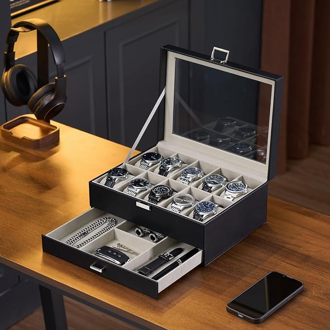 ProCase Watch Box, 10 Slot Watches Display Case with Drawer, Mens Watch Case with Glass Lid, 2-Layer Mens Jewelry Organizer Storage Holder, Birthday Valentine Gifts for Men -10 Slot, Black