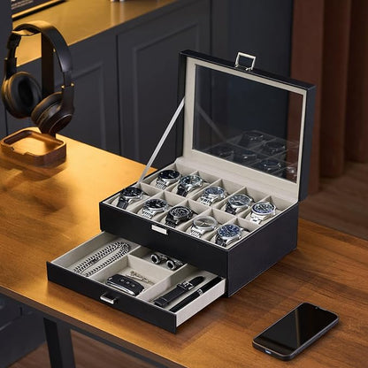 ProCase Watch Box, 10 Slot Watches Display Case with Drawer, Mens Watch Case with Glass Lid, 2-Layer Mens Jewelry Organizer Storage Holder, Birthday Valentine Gifts for Men -10 Slot, Black