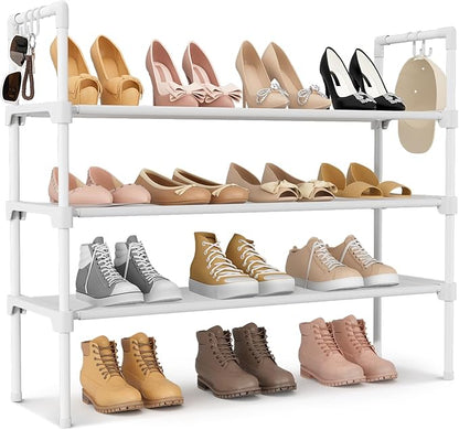 3 Tier Shoe Rack for Closet, Shoe Organizer with 5 Hooks, Long Shoe Shelf Storage for Shoe and Boot Stackable Free Standing Shoe Rack for Entryway, Garage, Small Spaces, Dorm, White