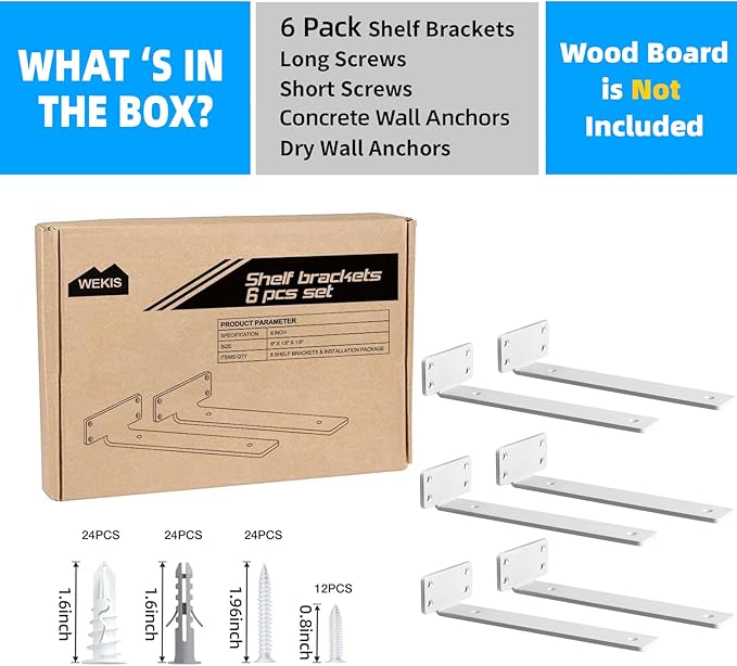 6 Inch Floating Shelf Brackets White, Hidden Invisible L Shelves Brackets, 1/5 Inch Heavy Duty Metal Industrial White Shelf Bracket Hardware Supports, 6 Pack Brackets for Wood Shelves